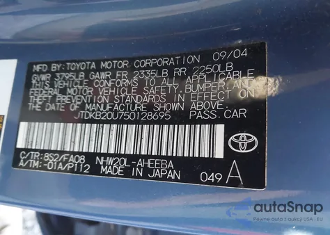 2005 Toyota Prius z USA, uszkodzony, nr VIN JTDKB20U750128695